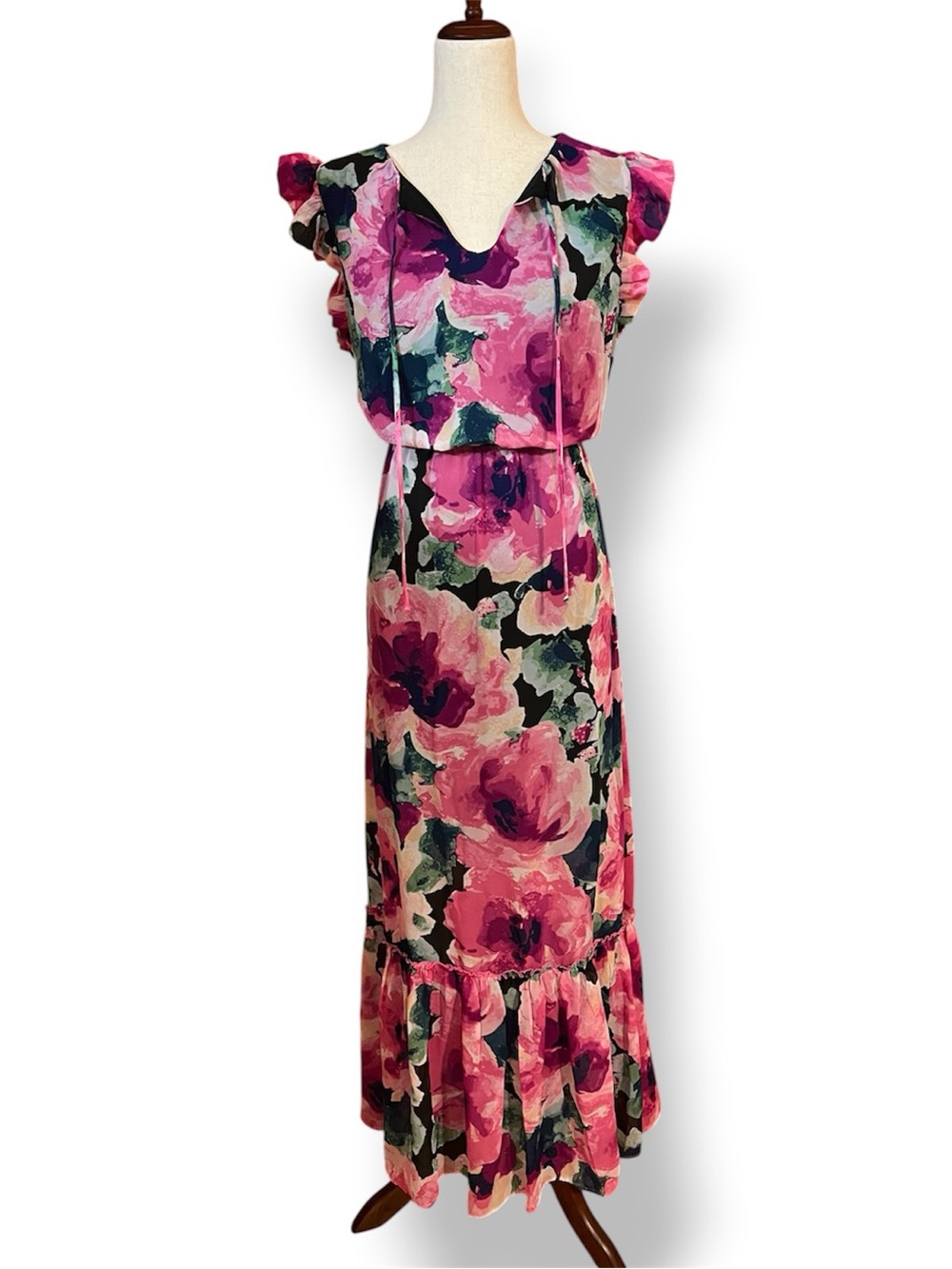 Nicole Miller, Size 12, Pink Floral Maxi Dress with Ruffled Hem - EUC - Picture 4 of 10